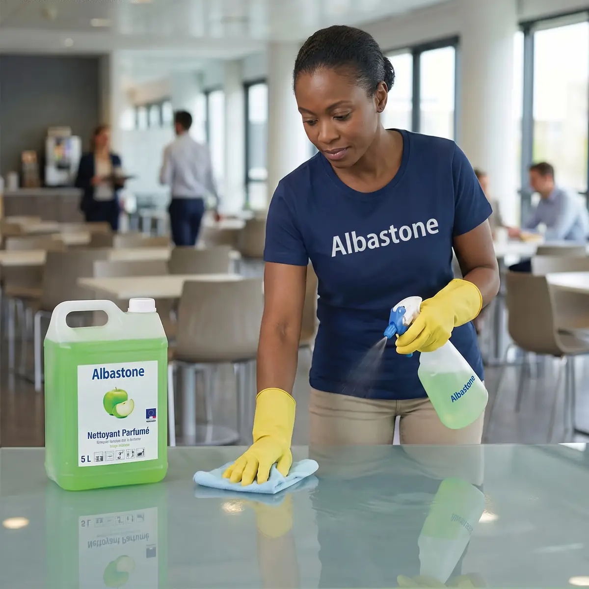 Agent ALBASTONE désinfectant une table de collectivité avec un nettoyant professionnel à Mayotte